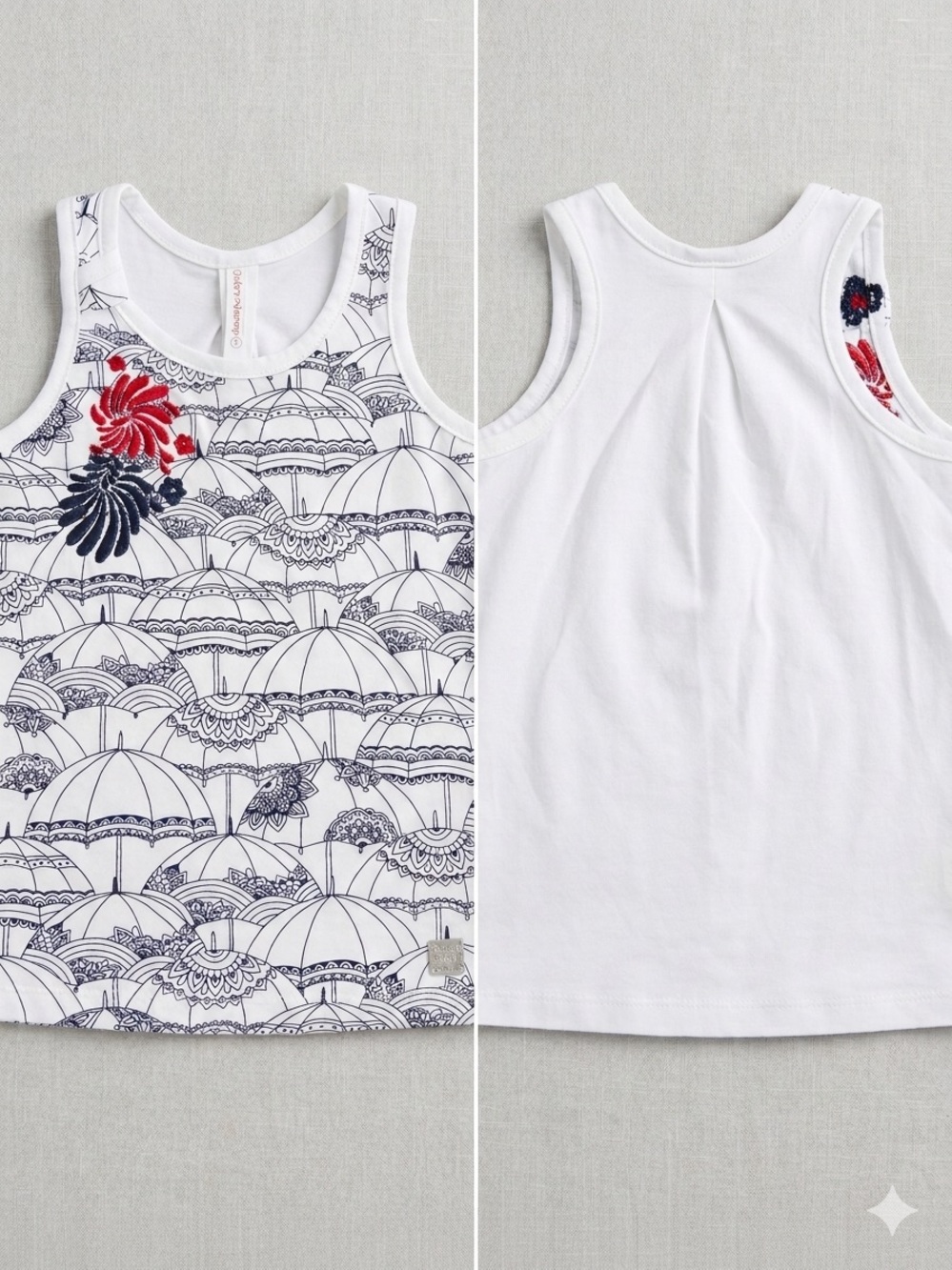 deux par deux White Tank Top with Navy Umbrella Print and Red Floral Embroidery